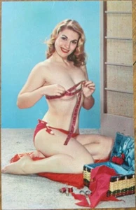 Pinup 1950s Chrome Postcard, Woman and Sewing Kit, Measure Up, Risque - Picture 1 of 1