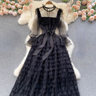Women Bow Lolita Tiered Dress Ruffle Tulle Mesh Lace Gothic Long Sleeve Fashion