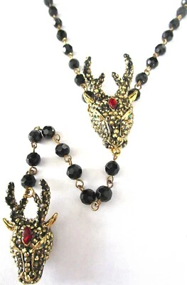 BUTLER & WILSON Black Bead Swarovski Crystal Double Stag Deer Head Necklace - Image 1 of 3