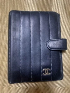 Auth CHANEL Mademoiselle Coco Mark Notebook Cover Leather Black Hardware Silver - Picture 1 of 18