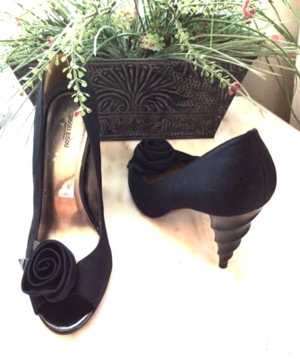 Bisou Bisou Black Satin Rose Peep Toe Pumps Size 11M - Image 1 of 4