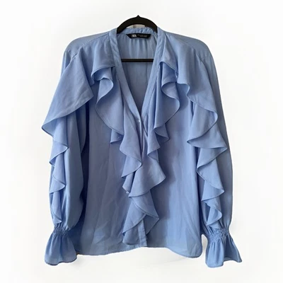 Zara Azul Claro Volantes Niveles Boho Romántico Manga Larga Abotonada Talla XL Foto 1 de 4