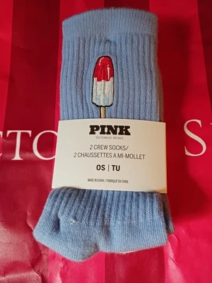 NWT Victoria Secret Pink Crew Socks 2-Pack Blue Popsicle, red & white - Image 1 of 2
