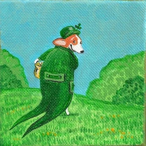 4X4 PRINT OF PAINTING PEMBROKE WELSH CORGI ST PATRICKS DAY RYTA FOLK IRISH art - Picture 1 of 1