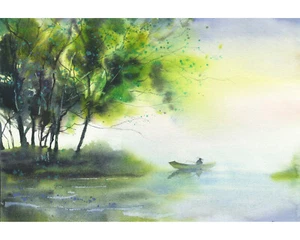 Painting of landscape and fisherman. Watercolor landscape painting boat (print) - Picture 1 of 12
