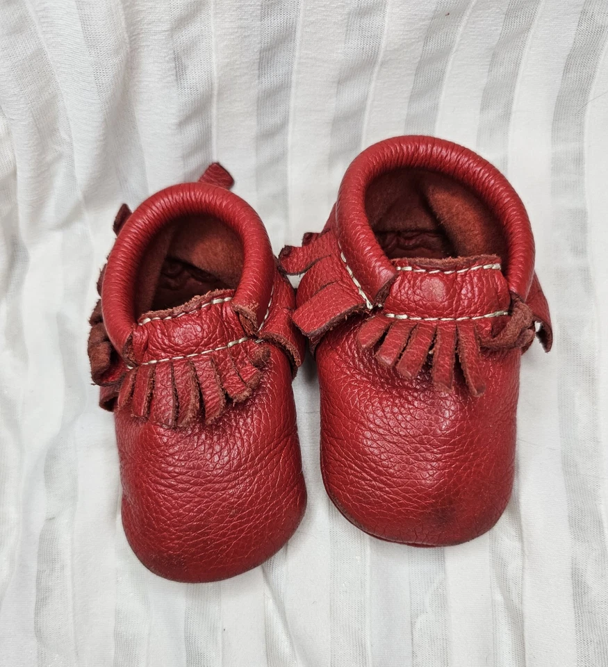 Freshly Picked Baby Sz 2 Red Leather Moccasin USA Slip On Soft Shoe Boy Girl Uni - Image 1 of 4