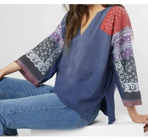 *Neu mit Etikett $ 128* Free People ~ indigoblau Boho Patchwork Bluse Shirt Top ~ Large - Bild 1 von 10