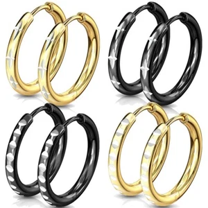 Stainless Steel Cross-Cut or Round-Cut Design Hoop Earrings Black or Gold Plated - Picture 1 of 5