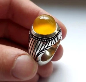 Yemeni Aqeeq Ring, 925 Sterling Silver Natural Agate Ring, Shia Ring Real Agate - Picture 1 of 5