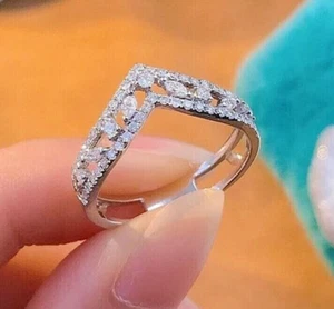 Women's V Shaped Eternity Wedding Band Ring 1.5ct Lab Created Diamond 925 Silver - Picture 1 of 3