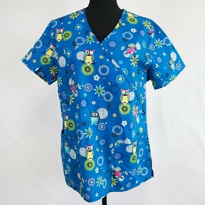 SB Scrubs Top Womens Small V-Neck Medical Uniform Owl Flower Blue Short Sleeve - Image 1 of 4
