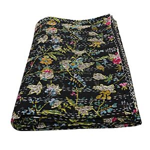 Kantha Black Floral Bedspread Indian Bedding Quilt Bohemian Cotton Throw Blanket
