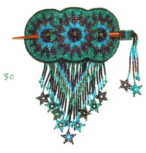 3 Circle Barrette Star Fringe 4.5"x2.5" w Beaded Stick Aqua Blue & Silver #30 - Picture 1 of 3
