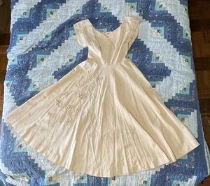 VTG Women's Ecru / Beige Sleeveless Cocktail Full Skirt Dress 1940s-1950s Piping - Picture 1 of 9