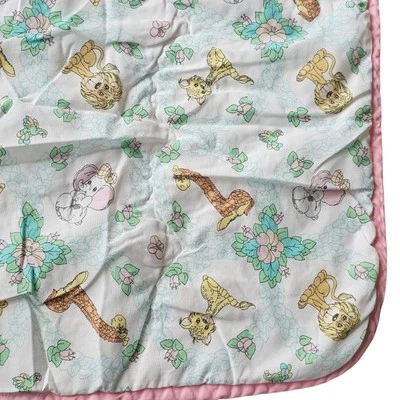 VTG Precious Moments Animal Baby Quilt Blanket Flowers Pink Flannel Back 31x41 - Image 1 of 4