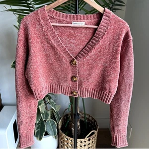 Urban Outfitters Maglione Cardigan Cropped Ciniglia Rosa S | Accogliente Morbido Y2K - Foto 1 di 8