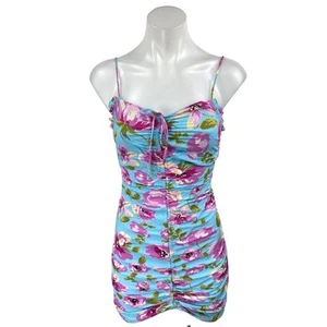Zara Blue Pink Floral Sleeveless Ruched Cami Camisole Tank Mini Bodycon Dress XS - Picture 1 of 5