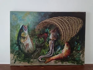 Giuseppe Gabellone ( XX secolo) Natura Morta pesci, dipinto olio su tela - Zdjęcie 1 z 10