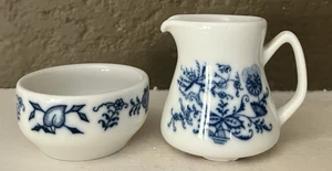 PORSGRUND NORWAY FLORAL MINI CREAMER AND OPEN SUGAR BOWL - BLUE ON WHITE - Picture 1 of 6