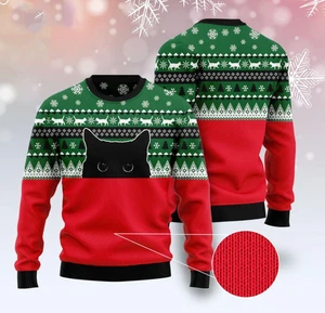 Meow Meow Black Cat Christmas Funny Ugly Sweater - Picture 1 of 4