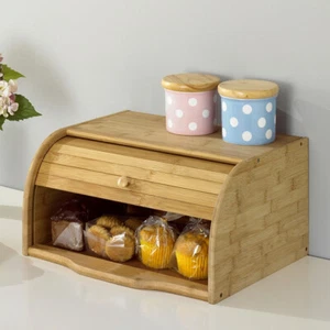 LARGE BREAD BIN BAMBOO WOODEN ROLL TOP BREAD BINS KITCHEN FOOD STORAGE BREAKFAST - Picture 1 of 15
