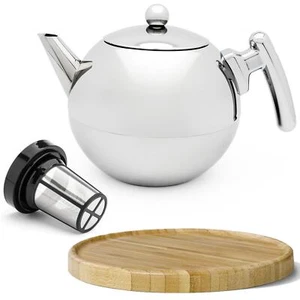 Teekanne 1.2 Liter doppelwandig Glanz Edelstahl Filter & Holzuntersetzer braun - Bild 1 von 8