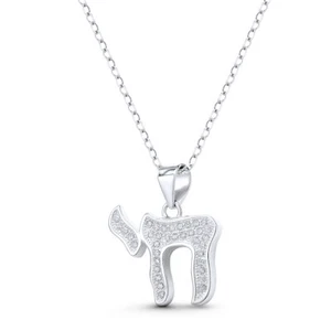 Collar colgante Chai Life circonita cúbica cristal judío hebreo .925 plata esterlina rodio - Imagen 1 de 4