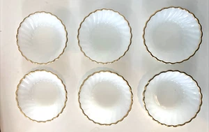 Set of 6 Fire King Small Bowls Milk Glass White Swirl w/Gold Trim 4 3/4” - Picture 1 of 7