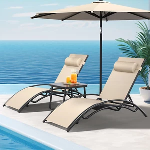 Outdoor Chaise Lounge Chair Set of 3, Pool Lounge Chairs with Side Table & 5-Pos - Picture 1 of 8