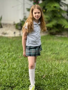 Zara Girls Green Blue Plaid Skirt Shorts With Blue Polo School Uniform Size 9 - Picture 1 of 7