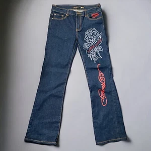 Pantalones de mezclilla oscuros para mujer Ed Hardy talla 11/12 bordados tigre LOVE LIFE tatuaje - Imagen 1 de 7