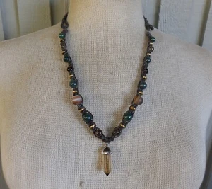 Smoky Quartz Double Terminated Crystal Adjustable Hemp Necklace Agate Beads OOAK - Picture 1 of 8