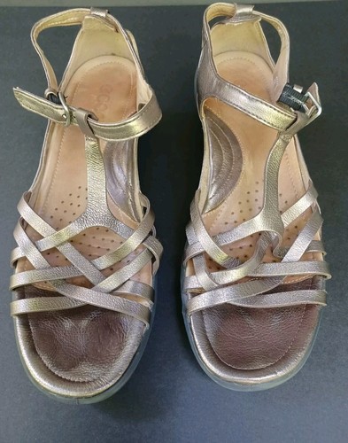 Ecco Zeppe Sandalo Oro Peltro Metallico Cinturino a T Donna 39 8 8 5