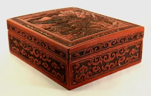 = 19th C. Chinese X-Large Red Cinnabar Box w. Mountainous Landscape, RARE - Picture 1 of 24