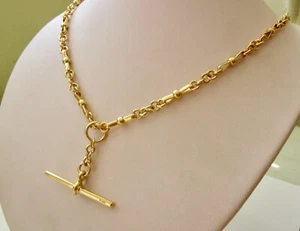 GENUINE 9ct YELLOW GOLD ALBERT CHAIN FOB NECKLACE with T-BAR and DOUBLE CLASPS - Picture 1 of 6