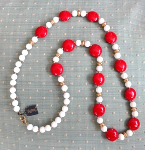 Vintage NEU TRIFARI 36" #4087 WH/ROT/GOLD PERLE & SCHEIBE HALSKETTE ACRYL LUCITE NEU MIT ETIKETT - Bild 1 von 12