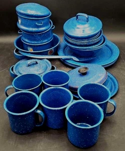 VTG Lot Graniteware Enamelware Speckled 31 Piece Plates Bowls Pans Spoon Cinsa - Picture 1 of 4