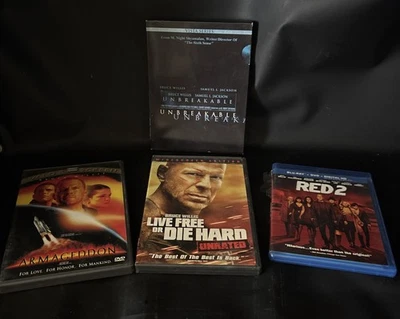 Bruce Willis 4 DVD Lot  – Unbreakable Vista · Armageddon · Die Hard • Red 2 - image 1 of 4