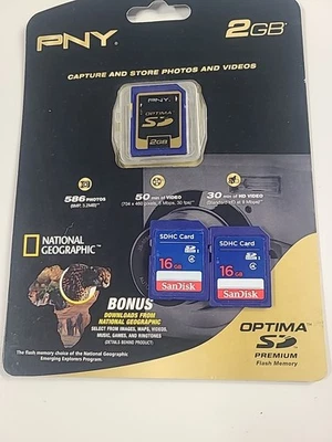 NEW PNY Premium 2GB SD Camera Memory Card Plus 2 SanDisk 16gb Cards - Image 1 of 2