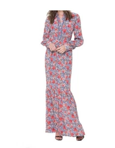 Juicy Couture Black Label Maxi Dress Grey Blue Silk Floral Long Sleeve Sz. 8 - Picture 1 of 13