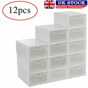 12x White Plastic Shoe Storage Boxes Drawer Stackable Foldable Durable Organiser - Picture 1 of 16