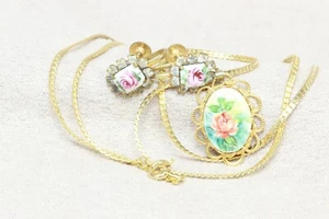 Vintage Rhinestone Rose Floral Guilloche Enamel Screw back Earrings & Pendant - Picture 1 of 12