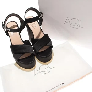 AGL NWB Pam Platform Block Heeled Sandals Size 38.5 US 8.5 in Black Satin - Picture 1 of 14