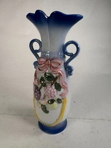 Vintage Blue Ceramic Ornate Vase 7.5" with Embossed Fruit and Bow Accent Ombre - Picture 1 of 9