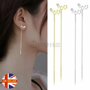 Exquisite 925 Sterling Silver Gold Star Earline Threader Chain Tassel Earrings - Picture 1 of 36