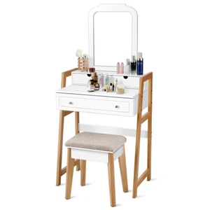 Makeup Vanity Table Stool Set with 3 Drawers Dressing Mirror Bedroom Furniture - Picture 1 of 8