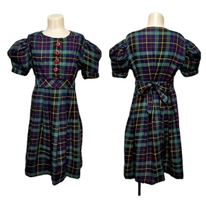 Vintage 50s Kate Greenaway Frock Girls 3T Green Plaid Wool Dress Tie Back Waist - Picture 1 of 12