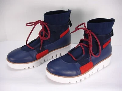 BOTINES FITFLOP GLACE DE PUNTO DE CUERO MEDIANOCHE AZUL MARINO ROJO CON CORDONES PARA MUJER 10 Foto 1 de 4