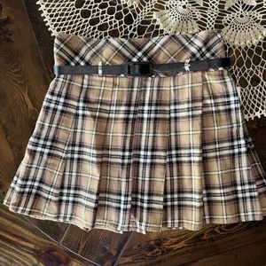 NWT I.N. Girl Belted Skirt M 10 12Tartan Plaid Tan Black Pink Pleated Pull On - Picture 1 of 5