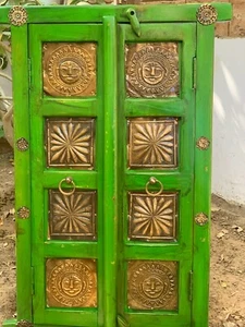Green Painted Window Antique Finish Wall Hanging Wooden Jharokha Heavy Doors - Picture 1 of 10